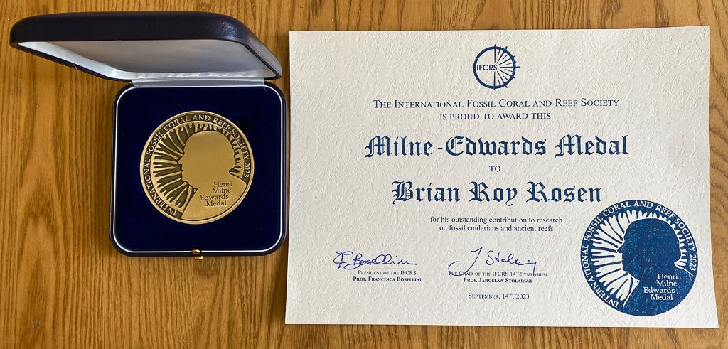 ReefRaff2's tweet photo. Last week at the 14th quadriennial meeting of the International Fossil Coral and Reef Society, I was awarded the Henri Milne Edwards Medal for 'outstanding contributions to research on fossil cnidarians and ancient reefs'. https://t.co/HTDSqA1Y9L