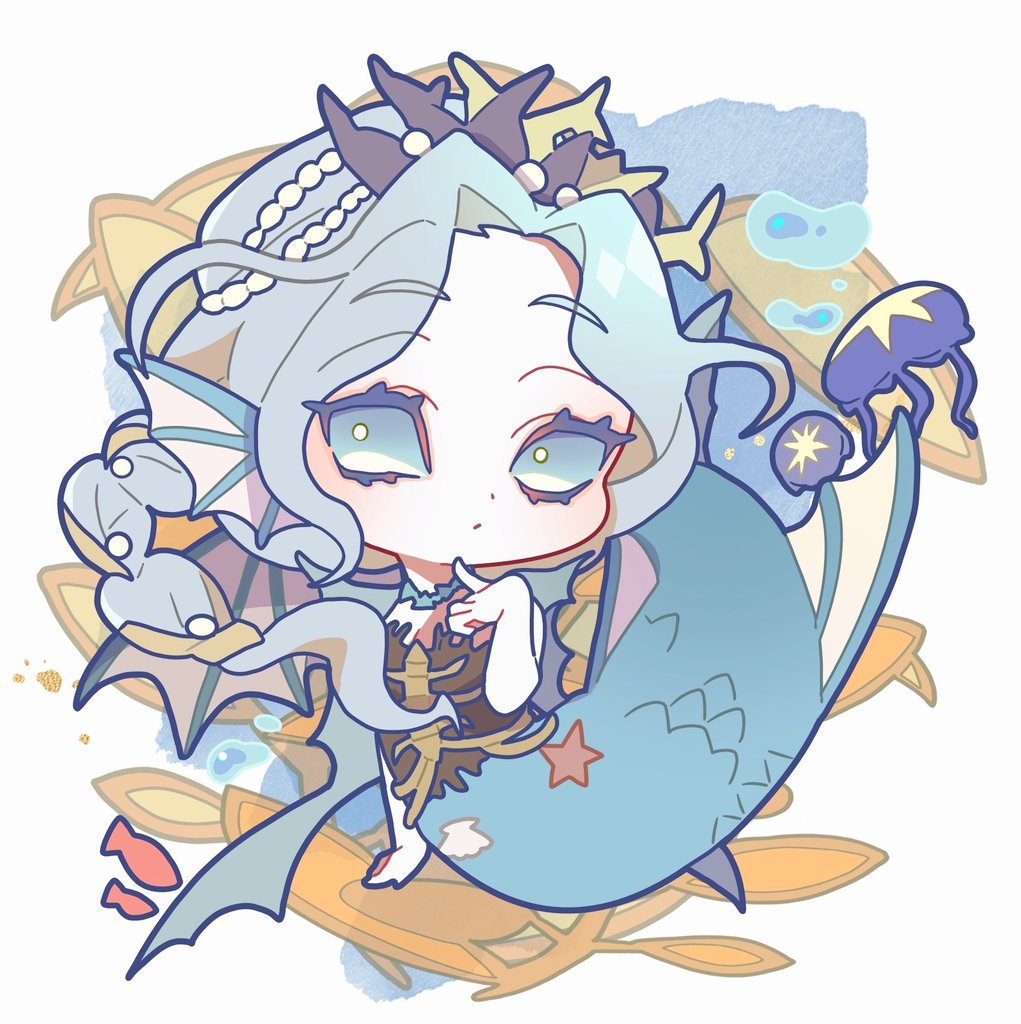 1girl chibi solo mermaid monster girl head fins blue hair  illustration images