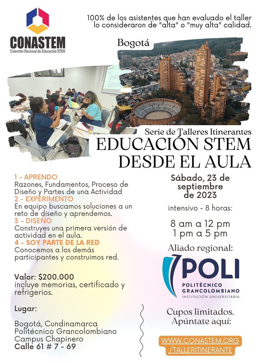 colstem's tweet image. 🎉 ¡La educación STEM llega a Bogotá! 🧪🔍 Únete al taller presencial el 23 de septiembre en el Politécnico Grancolombiano. ¡Cupos limitados! 💡🔬 #EducaciónSTEM #TallerPresencial Más info: conastem.org/talleritineran…