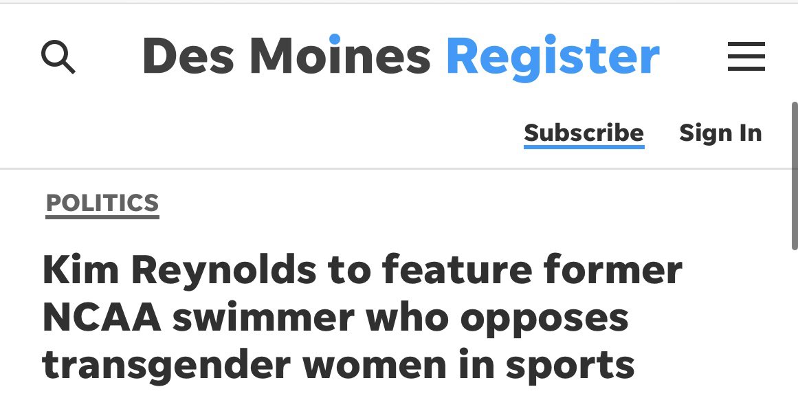 Fixing this for you @DMRegister: ‘Kim Reynolds to feature former NCAA swimmer who opposes biological MEN from competing in women’s sports.”
