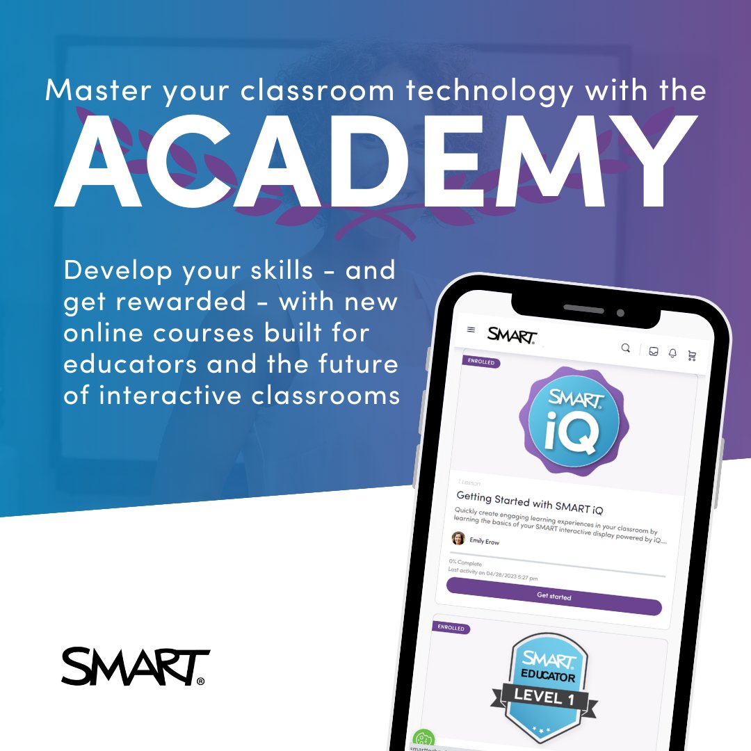 SMART_Tech's tweet photo. ‼️ We are excited to announce an all-new all-free professional development app: The SMART Academy! 

Engage in exciting, self-paced coursework to build your skills with your SMART Interactive Display to create active learning experiences for your students. 💜 

Work at your own pace, complete courses of your choice, and earn professional development credits, badges, and certificates. 
 
Enroll now: https://t.co/MHgxeEufr6