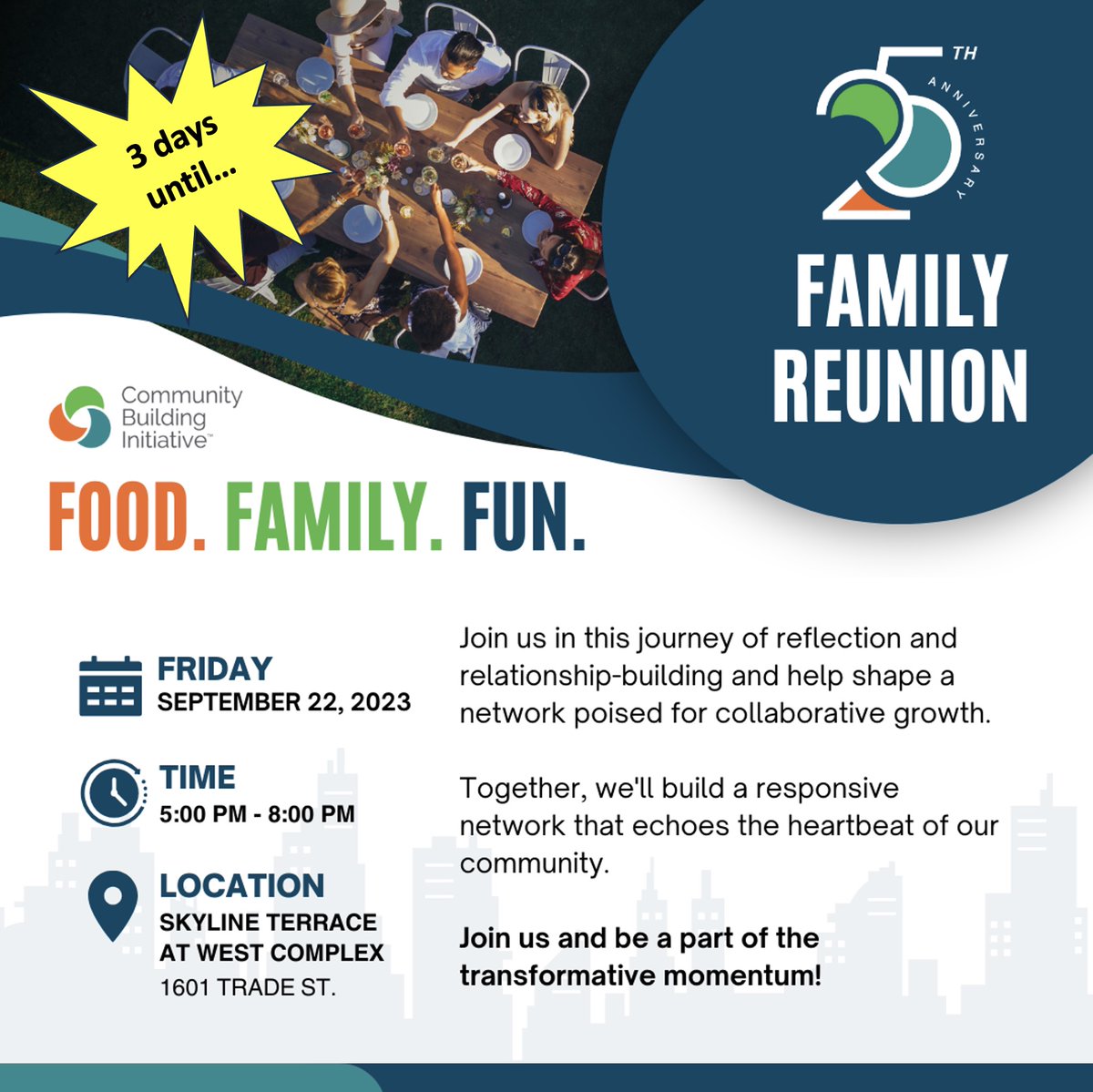 Only 3 days until CBI's 25th Anniversary Family Reunion!  Have you participated in one of CBI's programs (LDI, LU40, bus tour, Stakeholders Breakfast, EIC)?  Then we want to see you there!  Details &amp; RSVP at loom.ly/EZQy9I8
#CBI25 #CBICharlotte