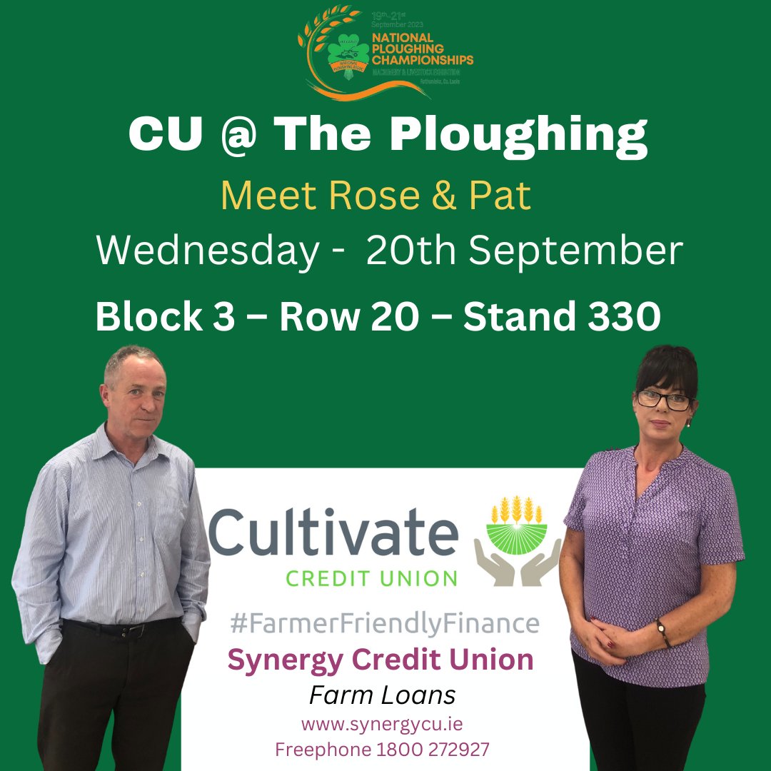 Come and meet Synergy Credit Union at the National Ploughing Championships on Wednesday, 20th September at Block 3 – Row 20 – Stand 330! 

We'll be there to promote  Cultivate Farm Loans and share insights into the cooperative spirit of the Credit Union movement.

Contact us