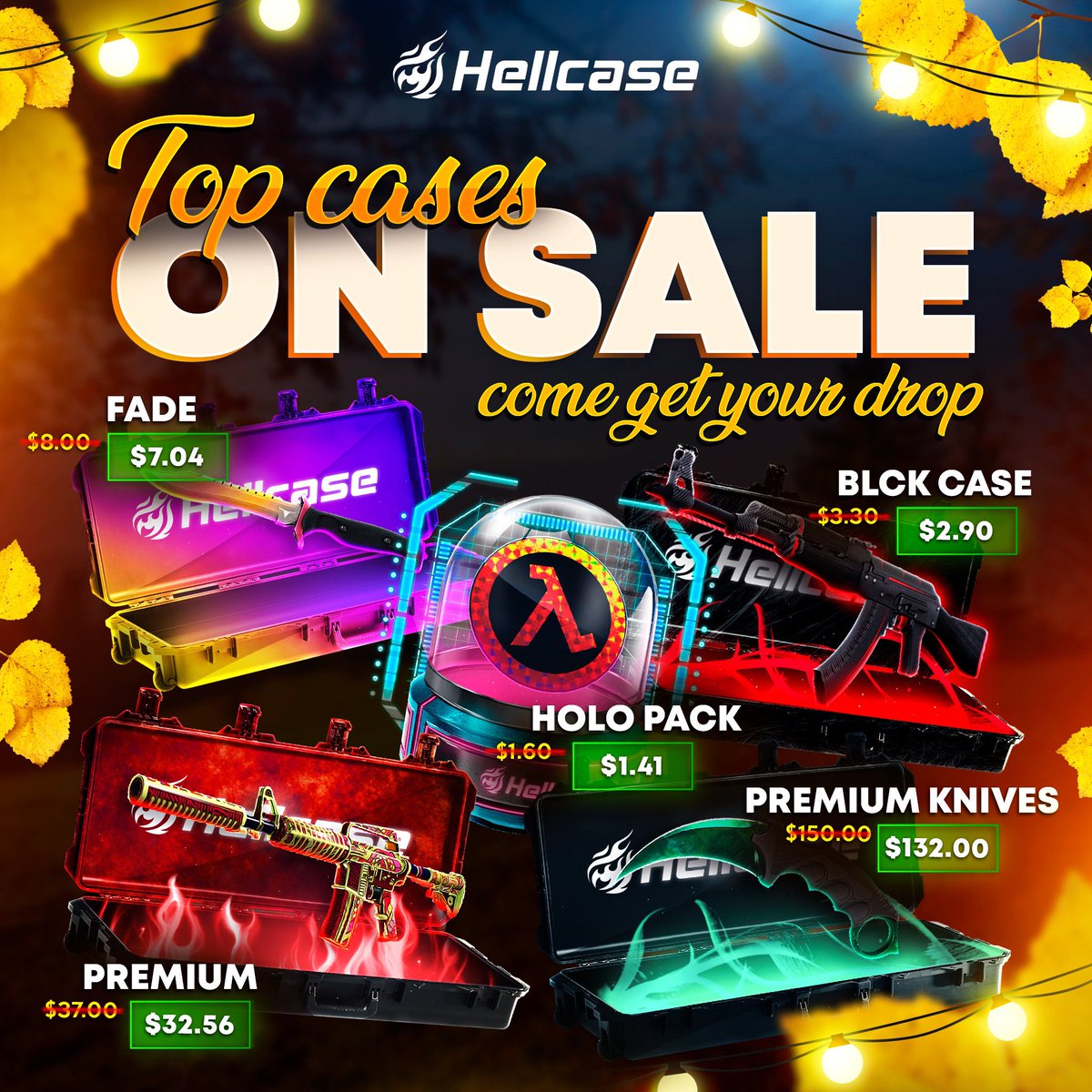 hellcase's tweet photo. Get your favorite skins for cheaper now! A fresh selection of discounted cases is live on Hellcase: Holo Pack, BLCK Case, Fade, Premium and Premium Knives cases are waiting for you 👇🏼

Come get them right now - https://t.co/WMUHVqQF6u

#csgo #cs2 #csgoskins #csgocases https://t.co/XtR4XwhI6g