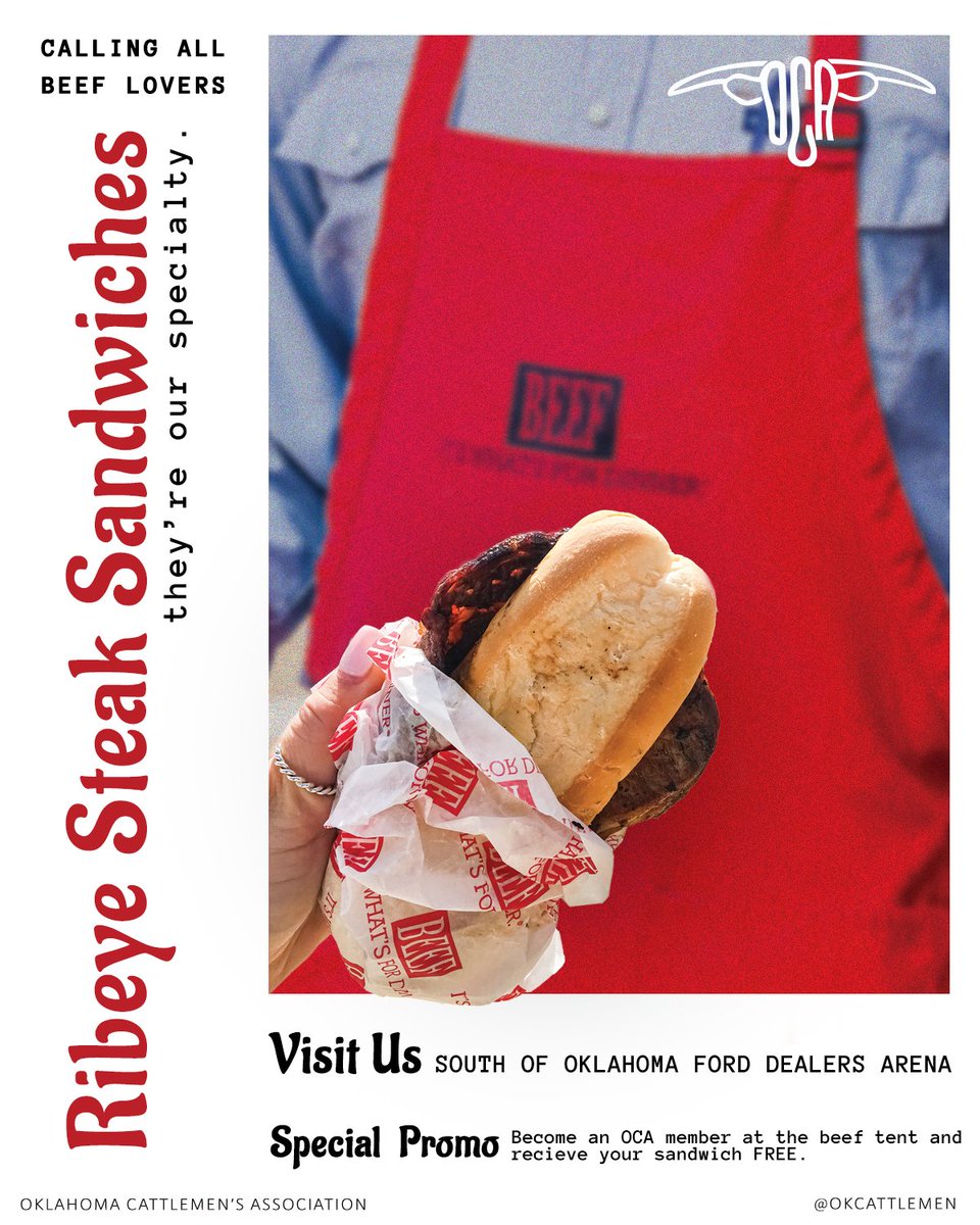 Oklahoma Cattlemen's (@okcattlemen) on Twitter photo Calling All Beef Lovers...
Ribeye steak sandwiches are our specialty and all they need is you to visit us at our beef tent at the <a href="/tulsastatefair/">Tulsa State Fair</a>
📍South of the Oklahoma Ford Dealers Arena
📅 Sept. 28 - Oct. 9 Calling All Beef Lovers...
Ribeye steak sandwiches are our specialty and all they need is you to visit us at our beef tent at the <a href="/tulsastatefair/">Tulsa State Fair</a>
📍South of the Oklahoma Ford Dealers Arena
📅 Sept. 28 - Oct. 9