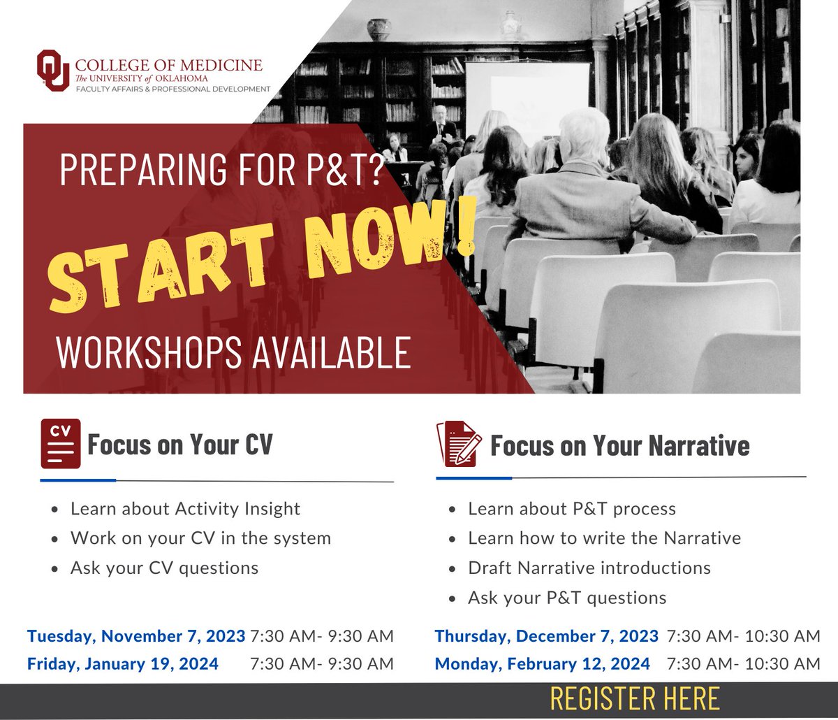 OUCOMfaculty's tweet image. Think you're ready to apply for promotion or tenure in the next few years? Get started NOW! Register for our upcoming workshops to give you the headstart on perfecting your CV and Narrative.
medicine.ouhsc.edu/Portals/1365/A…