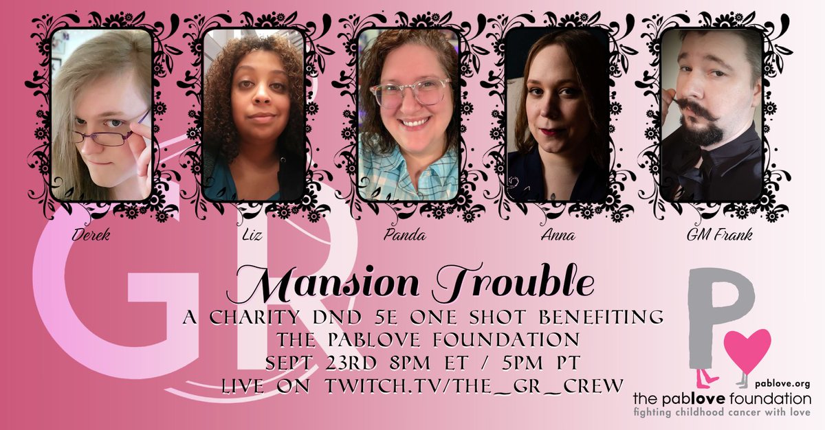 It is September again which means another charity one shot benefiting <a href="/pablove/">pablove foundation</a>  ! Join us on the 23rd 8pm for some Mansion Trouble. Ft : <a href="/TeahouseArt/">Teahouse Tales</a> <a href="/fuzzyslippers05/">Liz B</a> <a href="/AwkwardishPanda/">AwkwardishPanda 🔜 NOVA Open</a> <a href="/ArchivalDustBun/">Anna Maeve</a> with GM <a href="/Great_Rafiki/">Rafiki</a> see you there!
#TTRPG #Charity