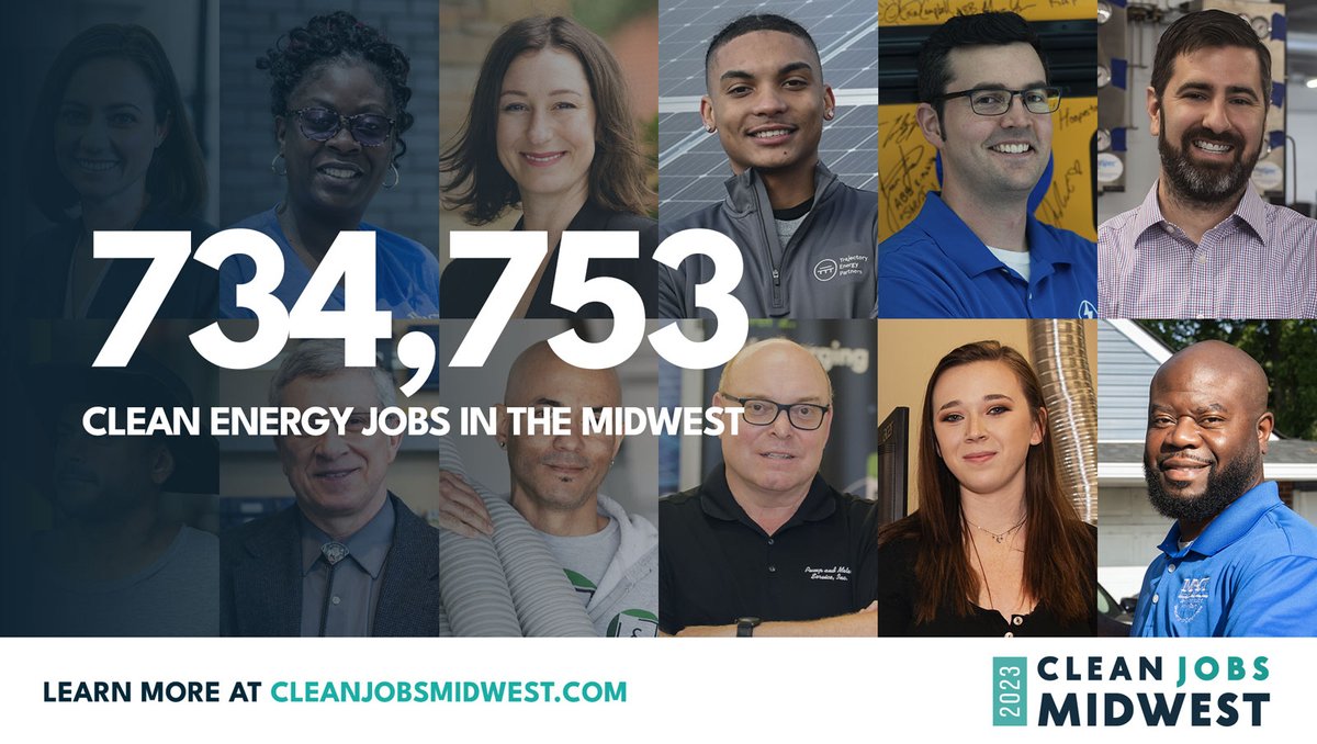 CleanJobsMW's tweet photo. The Midwest is home to nearly 735,000 clean jobs according to the annual Clean Jobs Midwest report created by E2 and Evergreen Climate Innovations. This is up 3.6% in 2022 with the potential to skyrocket in the next year! 
Learn more at https://t.co/wfgiLqFseb https://t.co/1F2yh78NXo