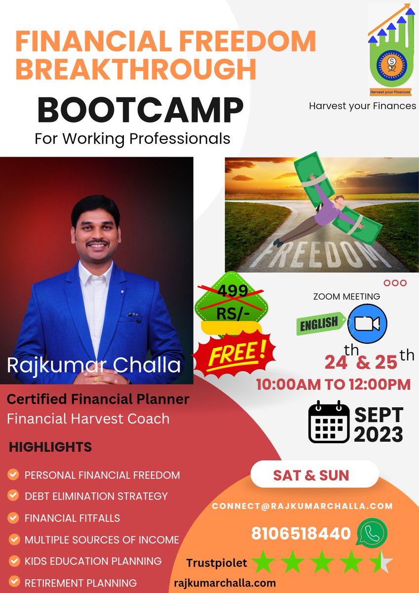 RajkumarChalla_'s tweet photo. 🔊 Invitation to our *2-Day "Financial Transformation" Bootcamp*!

Our workshop kicks off on *Saturday, September 24th*.

 join our WhatsApp Group:

[Join Now link  📲https://t.co/peSxrs4rZg

It's time to break free from debt and achieve your financial aspirations! 💪 https://t.co/jq1sXkve9K