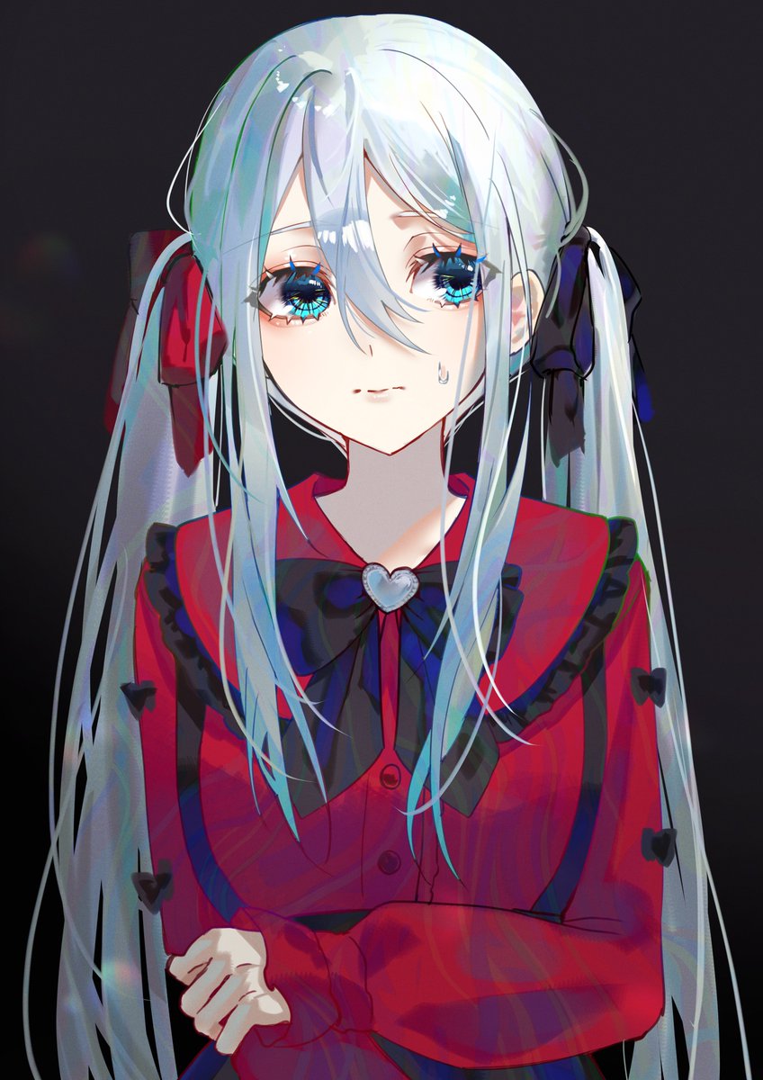 1girl solo twintails long hair ribbon black background blue eyes  illustration images