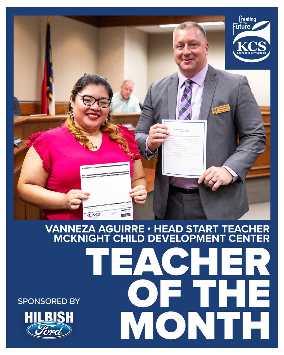 Congratulations to Vanneza Aguirre, Head Start teacher at McKnight Child Development Center, on being named this month's Hilbish Ford Teacher of the Month!🎉 More info➡️ bit.ly/23SEPKCSBOE Want to nominate an outstanding KCS teacher? Here's how – bit.ly/2324KCSTOM