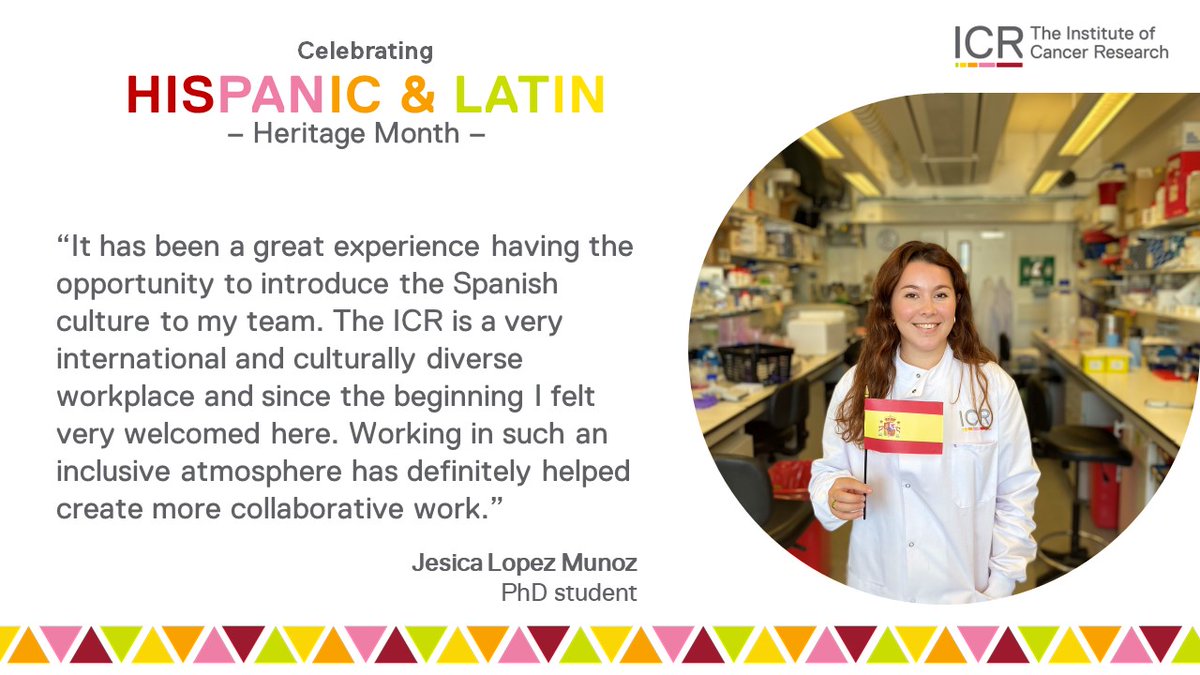 It's #HispanicAndLatinHeritageMonth.

The ICR and our research greatly benefit from our diversity. Jesica Lopez Munoz (<a href="/Jesica_LopezM/">Jesica Lopez-Munoz</a>), a PhD student in the Signalling and Cancer Metabolism Team (<a href="/PoulogiannisLab/">Poulogiannis Lab</a>), is originally from Spain🇪🇸 and shares her experience at the ICR⬇️