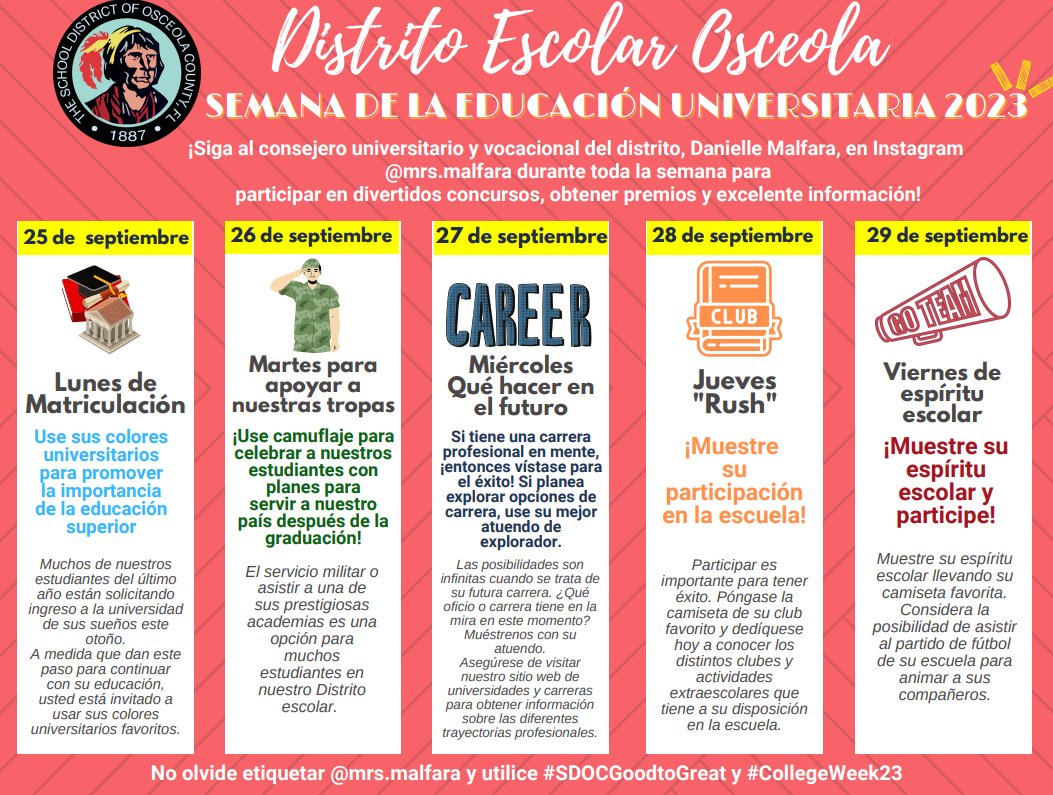 College Week is next week! Please review the information below so you can plan for participation!