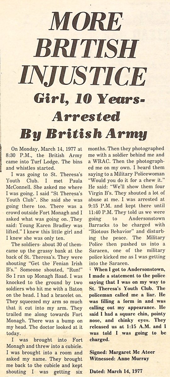 An article detailing the arrest of my Aunt Karen at 10 years old by British Army terrorists in Turf Lodge. Child abusing, murdering, terrorist scum.