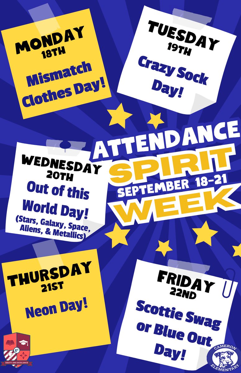 ‼️THIS WEEK‼️
We are kicking off our Attendance Awareness Spirit Week. 💙🐾
Monday: Mismatch Day
Tuesday: Crazy Sock Day
Wednesday: Out of this World Day
Thursday: Neon Day
Friday: Scottie Swag and Blue Out Day