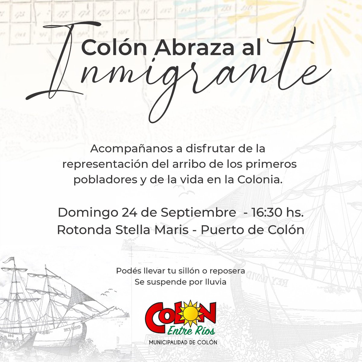 municoloner's tweet photo. ⚓ 𝗖𝗢𝗟𝗢́𝗡 𝗔𝗕𝗥𝗔𝗭𝗔 𝗔𝗟 𝗜𝗡𝗠𝗜𝗚𝗥𝗔𝗡𝗧𝗘 🕊🔙 Una ceremonia para disfrutar de la representación del arribo de los primeros pobladores y la vida en la Colonia. Podés traer tu sillón/reposera.

📍 Domingo 24 de septiembre - 16:30 hs. Rotonda Stella Maris (Puerto). https://t.co/dS5Srkw4L8