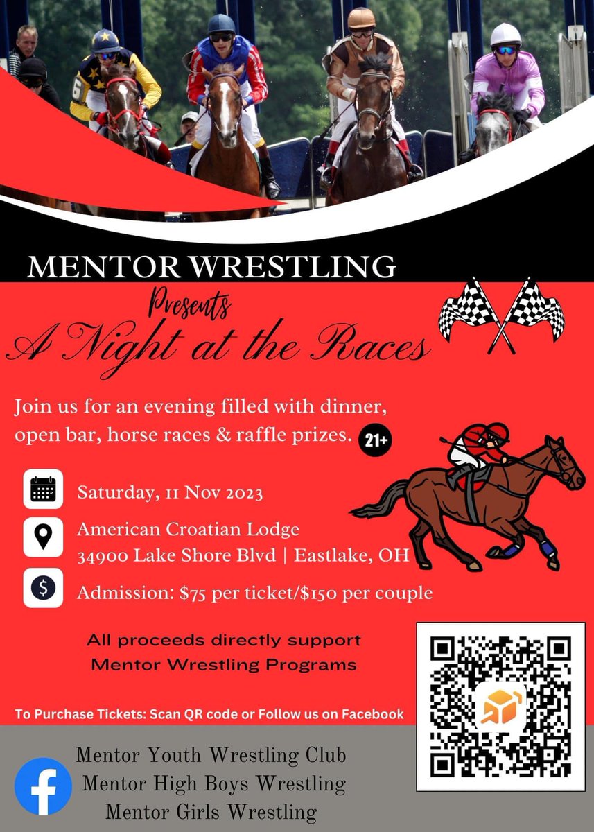 Mentor Wrestling is hosting A Night at the Races...join us for a fun-filled evening in support of this awesome program.
