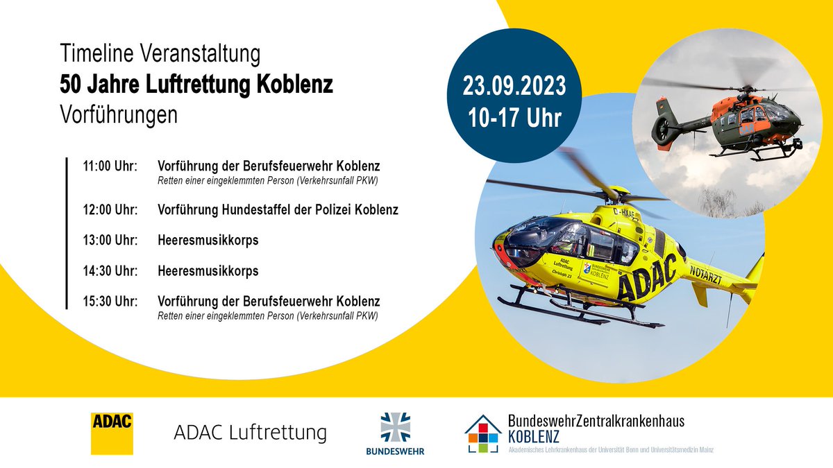 Die Luftrettung in #Koblenz feiert 50. Geburtstag und das  #BundeswehrZentralkrankenhaus und der #ADAC laden ein zum Tag der offenen Tür in Metternich. Zu sehen gibt es, neben diversen Vorführungen, auch die Hubschrauber vom Typ NH 90, H 145 M SAR und den EC 135 "Christoph 23".