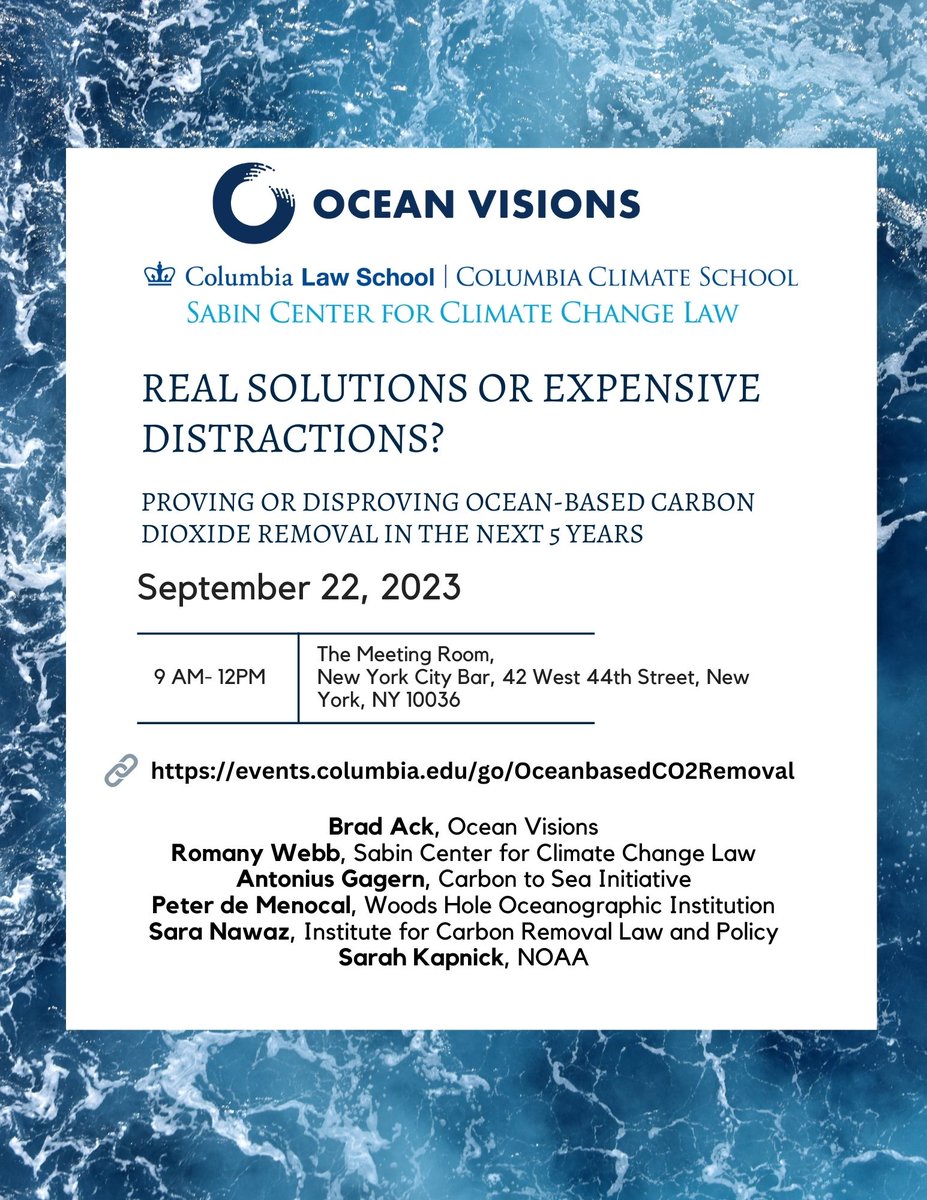 Looking forward to this #climateweek2023 event with co-host @SabinCenter this Friday 🗓️! While the event is now full, we invite you to please join the waitlist so that we can send you the event recording. Sign up: events.columbia.edu/go/OceanbasedC…
#carbonremoval
#oceanhealth