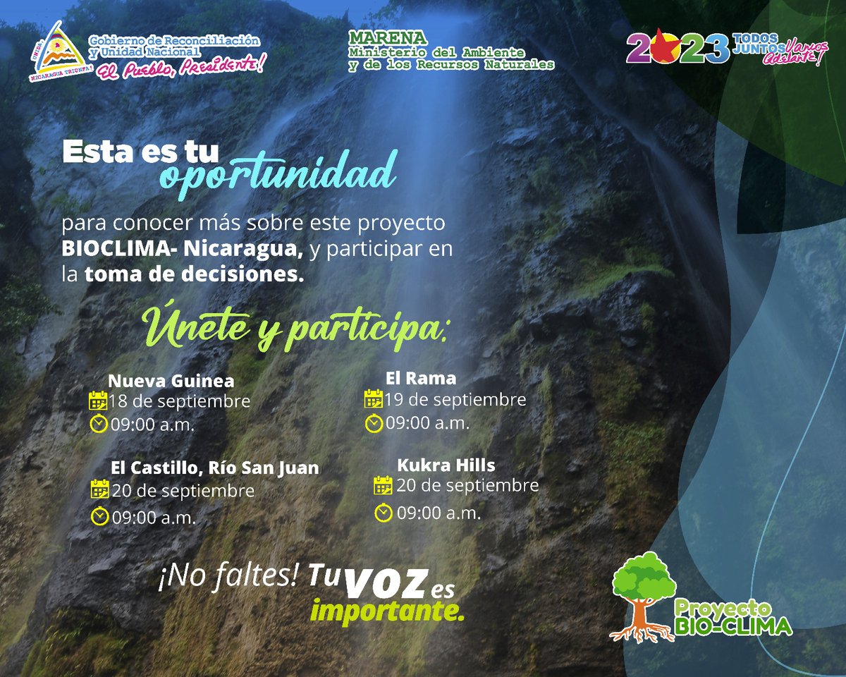 MarenaNicaragua's tweet image. Hoy estaremos en El Rama, Caribe Sur.

Esta es tu oportunidad para participar de las sesiones de consulta del proyecto #Bioclima- Nicaragua. 

#Nicaragua
#MARENA 
#PatriaBenditayLibre
#AmoraNicaragua