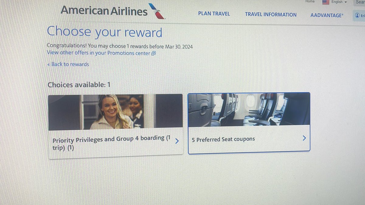 photoguyeric's tweet photo. @AmericanAir , kind of a crap photo, but as a credit card holder, these rewards don’t really do much for me (already get these perks). Any alternate options? https://t.co/N8nEtLAl6H
