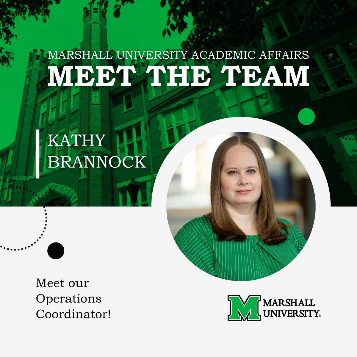 🌟 #MeettheTeamTuesday 🌟

Meet Kathy Brannock! Bio: rb.gy/s4f0a

Q&A Time! 💬
Night owl 🦉
Iced coffee ☕
Favorite jam? 🎵 Coldplay/U2
Dream travel destination? 🗼 Paris
Book recommendation? 📚 The Great Gatsby

Stay tuned for more from our amazing @marshallu team!