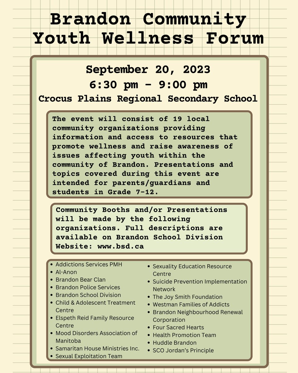 Join us at Crocus Plains Regional Secondary School tomorrow evening for the Brandon Community Youth Wellness Forum. There will be useful information and access to resources that provide wellness and raise awareness of issues affecting youth. #MentalHealthAwareness