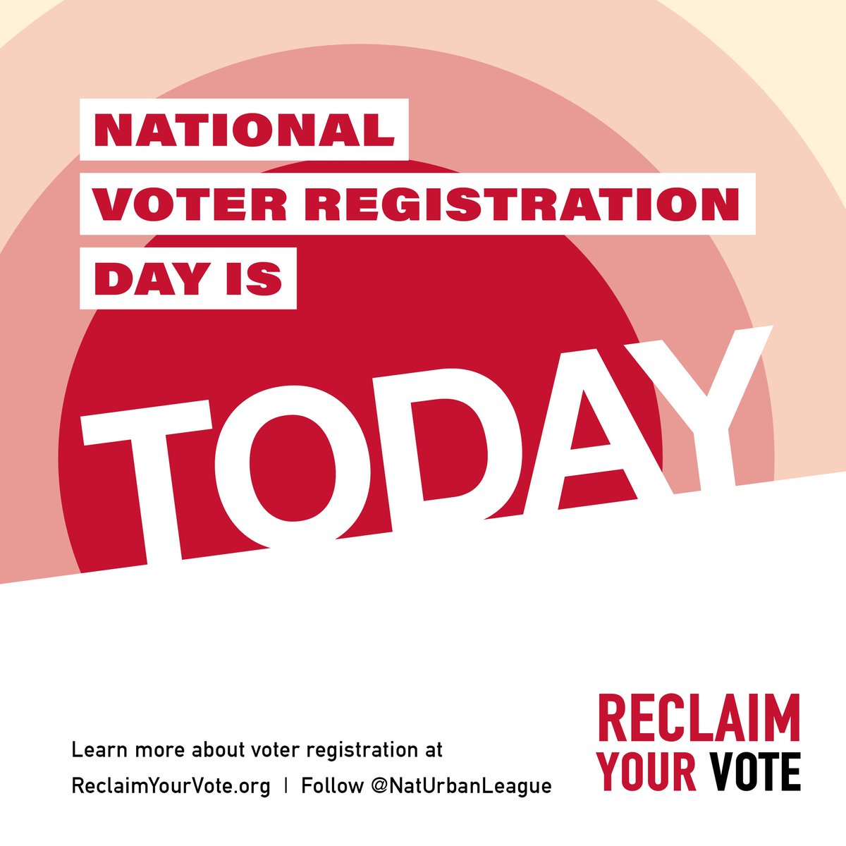 NatUrbanLeague's tweet photo. Your voice matters and your vote can create real change. Use #NationalVoterRegistrationDay to:  

✊🏼 Reclaim your vote.  
✊🏽 Reclaim your voice. 
✊🏾 Reclaim your future.  

Info + resources: https://t.co/45k12GYTlC #ReclaimYourVote https://t.co/xtMsUm9Ihp
