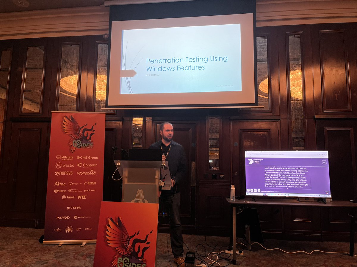 bsidesbelfast's tweet image. Rounding off the afternoon in room 1 @ #BsidesBelfast23 is Niall Caffrey with Penetration Testing Using Windows Features