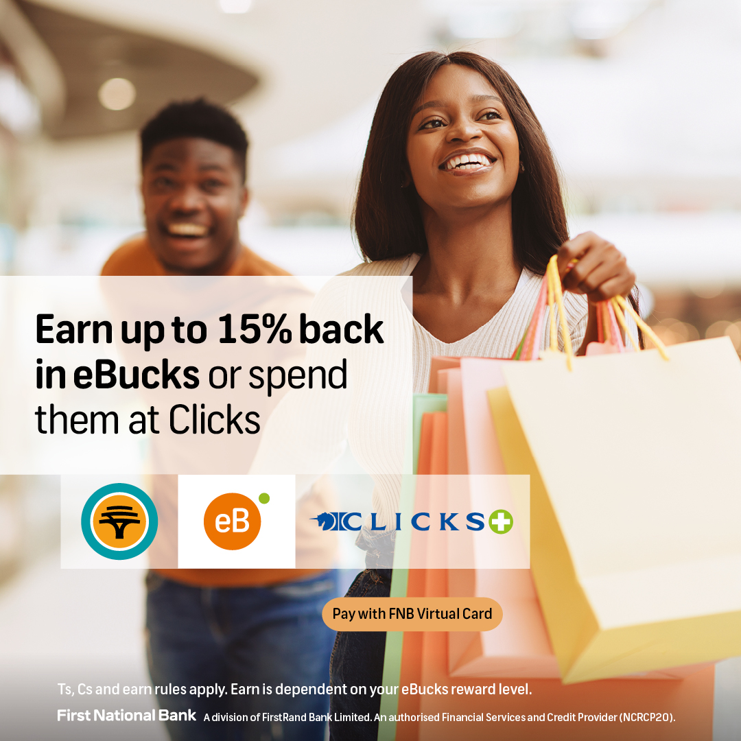 Clicks_SA's tweet photo. Earn up to 15% back in eBucks when you shop at Clicks and pay with your FNB or RMB Private Bank Virtual Card. Itβs safe, easy, and rewarding. π
Ts, Cs & earn rules apply.
Find out more > https://t.co/2igGIo5tPo
#LoveFNB #TheChangeables #FNBVirtualCard https://t.co/unEMJLWQbt