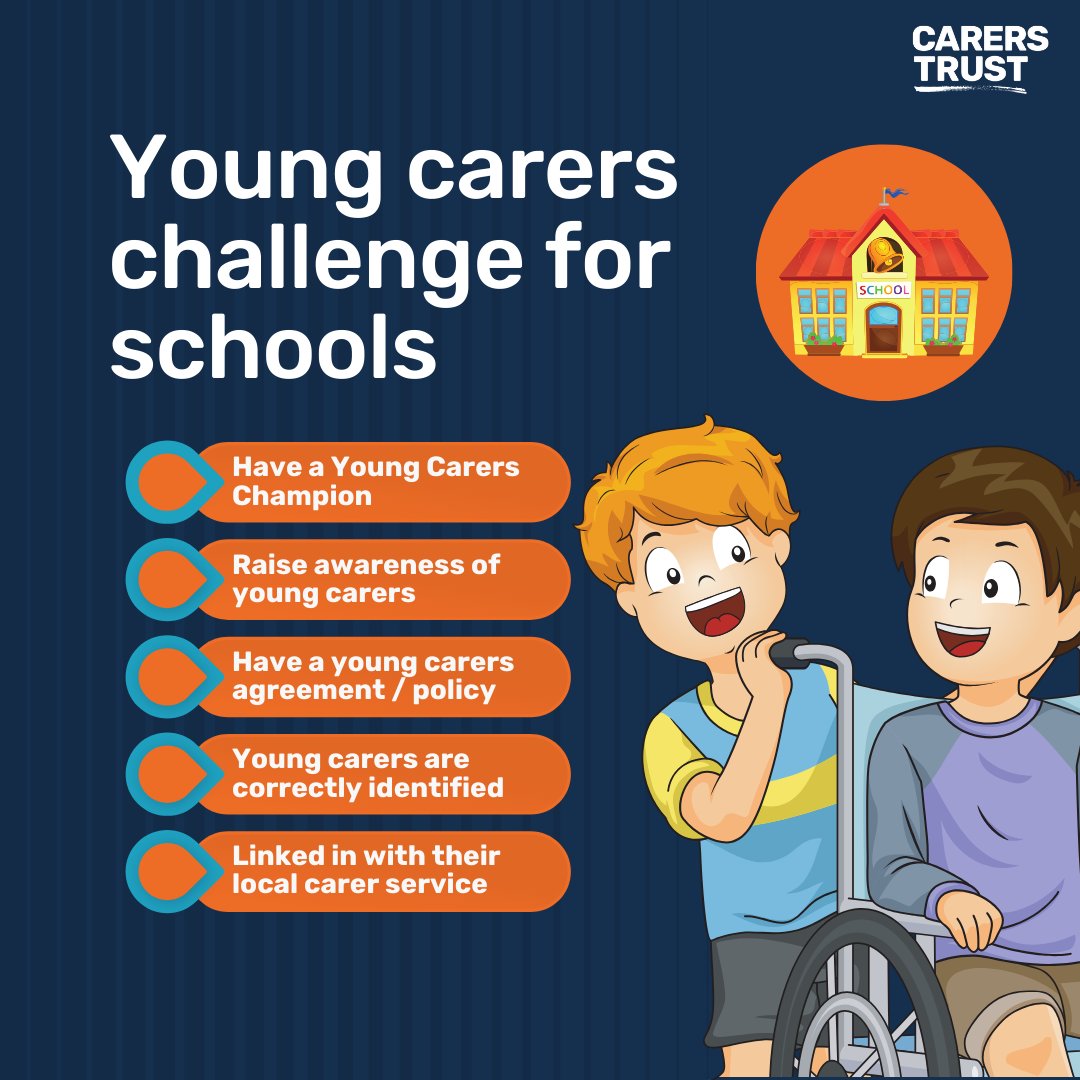 We've recently launched our Young Carers Challenge for schools which will help better the lives of young carers

Improving identification and supporting young carers' needs is a key focus

Find out more about the challenge and how you can get involved: bit.ly/44JhCVb