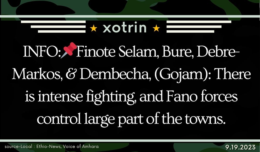 INFO:📌In Finote Selam, Bure, Debre-Markos, and Dembecha (Gojam), there is intense fighting, and Fano forces control a large part of the towns.

#Ethiopia #xotrin #Amhararegion #Gojam #Bure #DebreMarkos #Bure #Dembecha #FinoteSelam