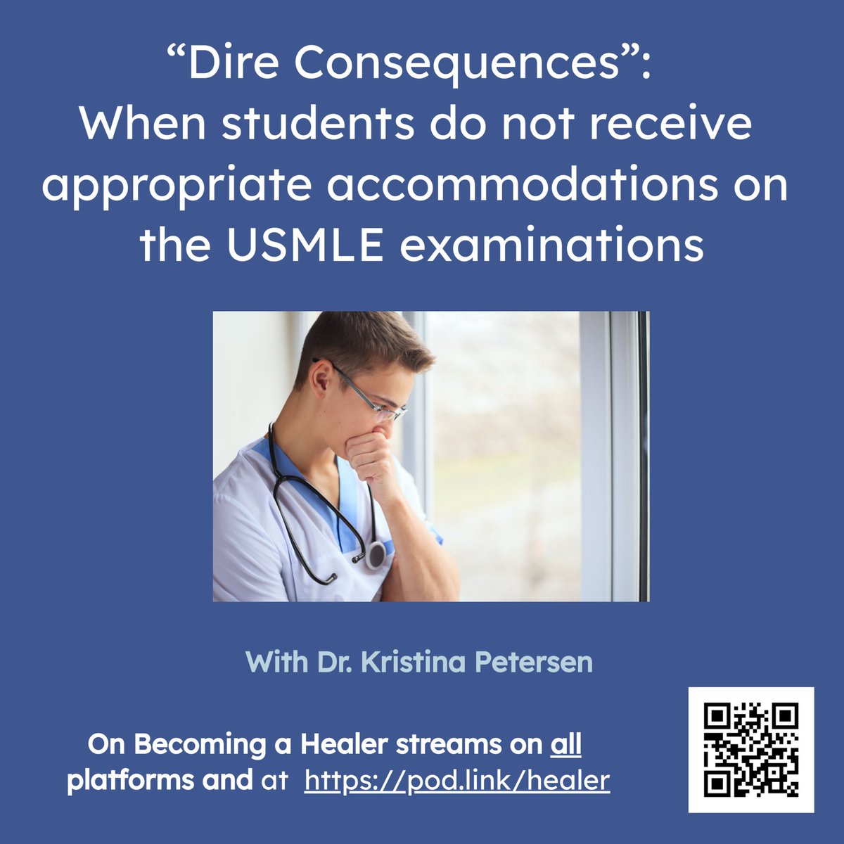 1/New Podcast:
“Dire Consequences”

✅ 52% of med students were denied disability accommodation for the high-stakes USMLE exam, even when they applied with their own *medical school’s endorsement*

New 🔊 from On Becoming a Healer with <a href="/KHPetersenPhD/">Kristina H. Petersen</a> 

pod.link/healer/episode…