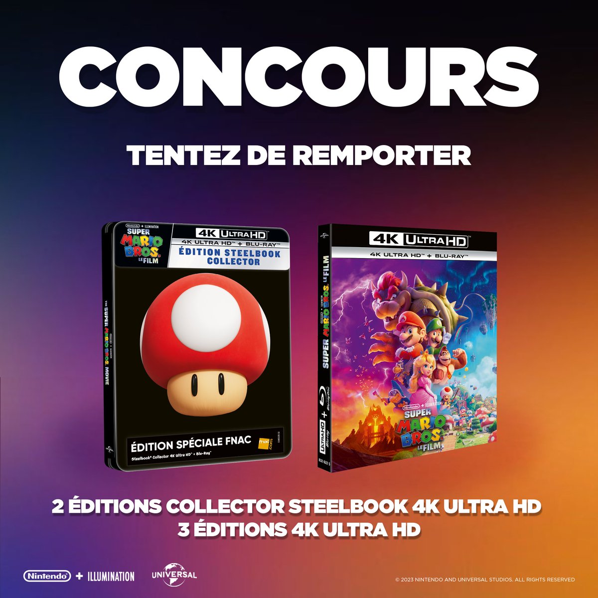 « Royaume Champignon, nous voilà ! »​

[CONCOURS🎁] Tentez de remporter 1 édition collector Steelbook 4K Ultra HD ou 1 édition 4K Ultra HD de Super Mario Bros. - Le Film !​

Pour participer :​
RT + follow <a href="/NintendoFrance/">Nintendo France</a>​
5 personnes seront tirées au sort le 27/09.