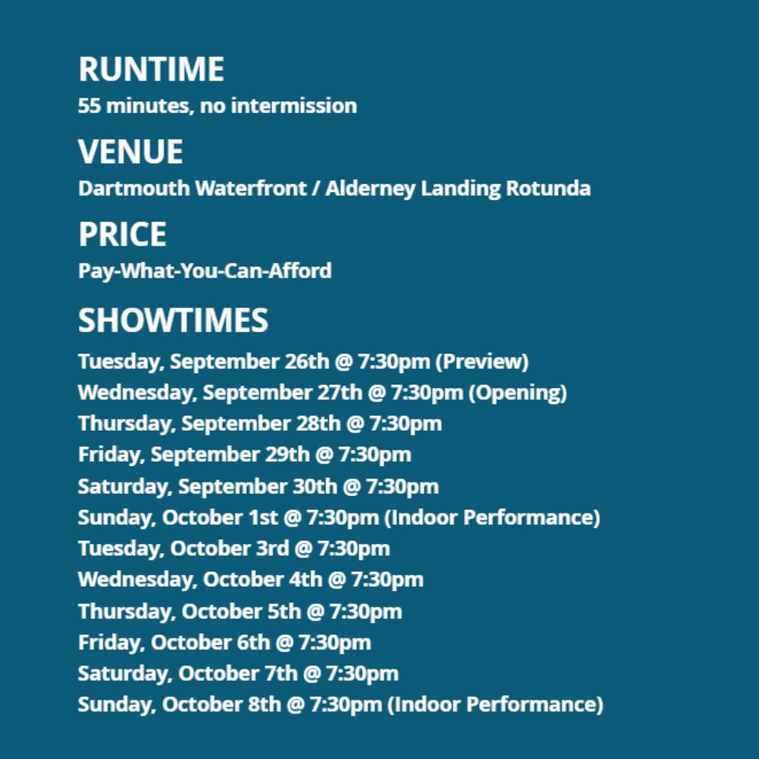 Eastern Front Theatre presents The Villain’s Theatre’s, A Beginner’s Guide to the Night Sky, ⁠written by Colleen MacIsaac⁠ and directed by Garry Williams⁠.

🗓️Sept 26th - Oct 8⁠th
🕦7:30pm | 55 minutes
📍Dartmouth Waterfront (indoors at Alderney Landing Rotunda on Sundays)