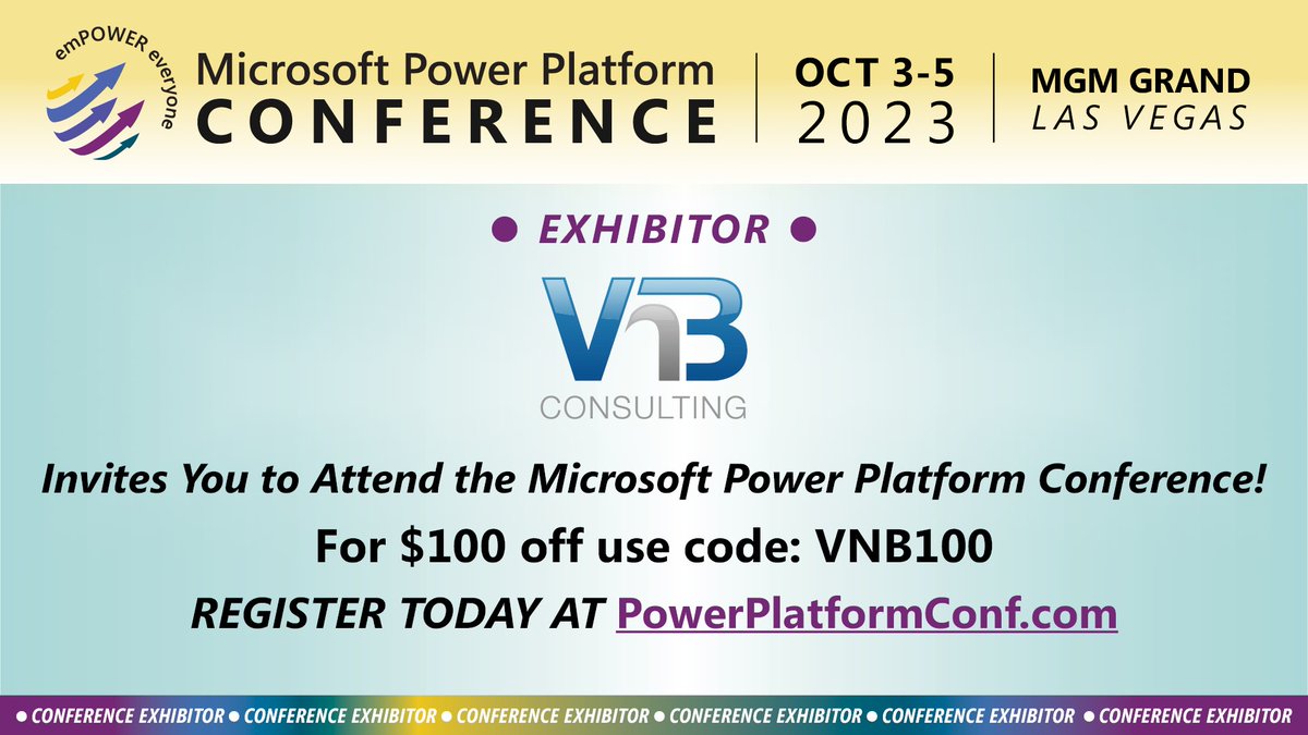 Thank you, VNB Consulting, for being an exhibitor at the Microsoft Power Platform conference in Las Vegas! Be sure to check out their booth #222 in the expo hall. 🌟 #MPPC23 #VNBConsulting