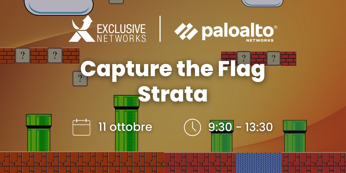 In collaborazione con @PaloAltoNtwksIT, abbiamo preparato una nuova sfida: il "Capture the Flag: Strata".
Durante questa sessione interattiva scoprirai le caratteristiche, il funzionamento e la gestione de #firewall Palo Alto Networks🔗attendee.gotowebinar.com/register/32155…