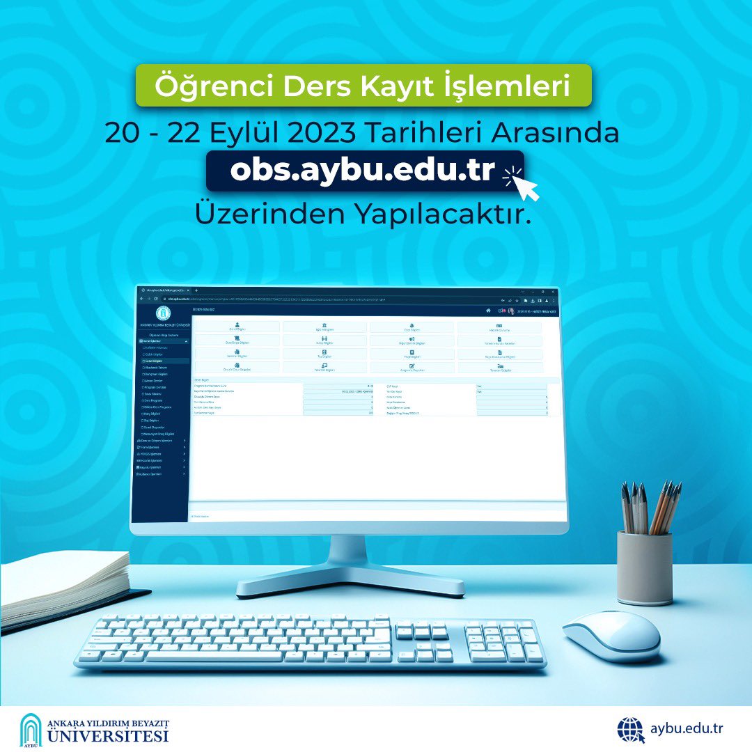 Sevgili öğrencilerimiz,

2023-2024 Güz Dönemi ders kayıt işlemleri 20-22 Eylül 2023 tarihleri arasında obs.aybu.edu.tr adresinden yapılacaktır. 

📌Detaylı bilgi için:

aybu.edu.tr/oidb/tr/duyuru…

<a href="/acengizkoseoglu/">Ali Cengiz Köseoğlu</a>