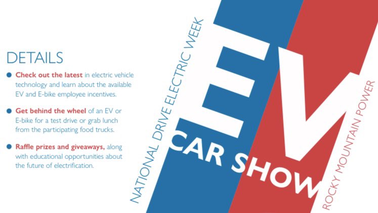 Come see us next Thursday at the National Drive Electric Week EV Car Show! #ElectricVehicle #AirQuality 
SEPTEMBER 28, 2023 | 11am-1:30pm
ROCKY MOUNTAIN POWER PARKING LOT AND COURTYARD
1407 W. North Temple, Salt Lake City, Utah 84116