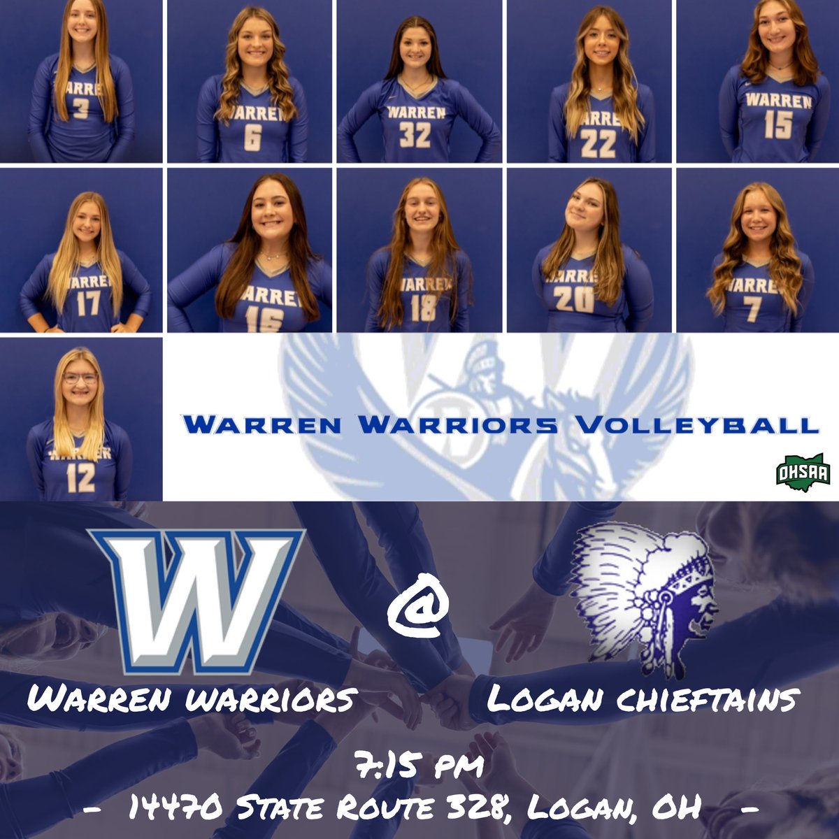 WarrenWarriorVB's tweet photo. It's @WarrenWarriorVB Gameday as your 9-2 Warriors travel to Logan to face off against the Chieftains. 

Varsity is scheduled for a 7:15pm opening serve. 

Freshman begin the evening at 5:00pm, immediately followed by JV scheduled for 6:00pm.

#LetsGoBlue 🏐💙 #WarriorNation https://t.co/YPwcSNDfYE