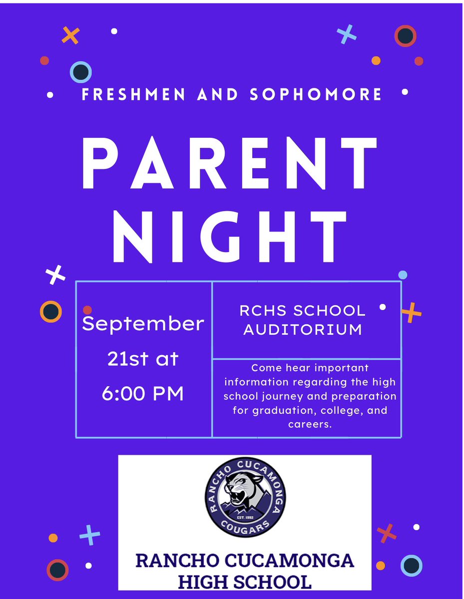 Rancho parents, don’t miss out on the Rancho Freshmen and Sophomore Parent Night on Thursday, Sept. 21 @ 6:00 PM in the RCHS Auditorium. Come hear important information regarding the high school journey and preparation for graduation, college, and careers.
