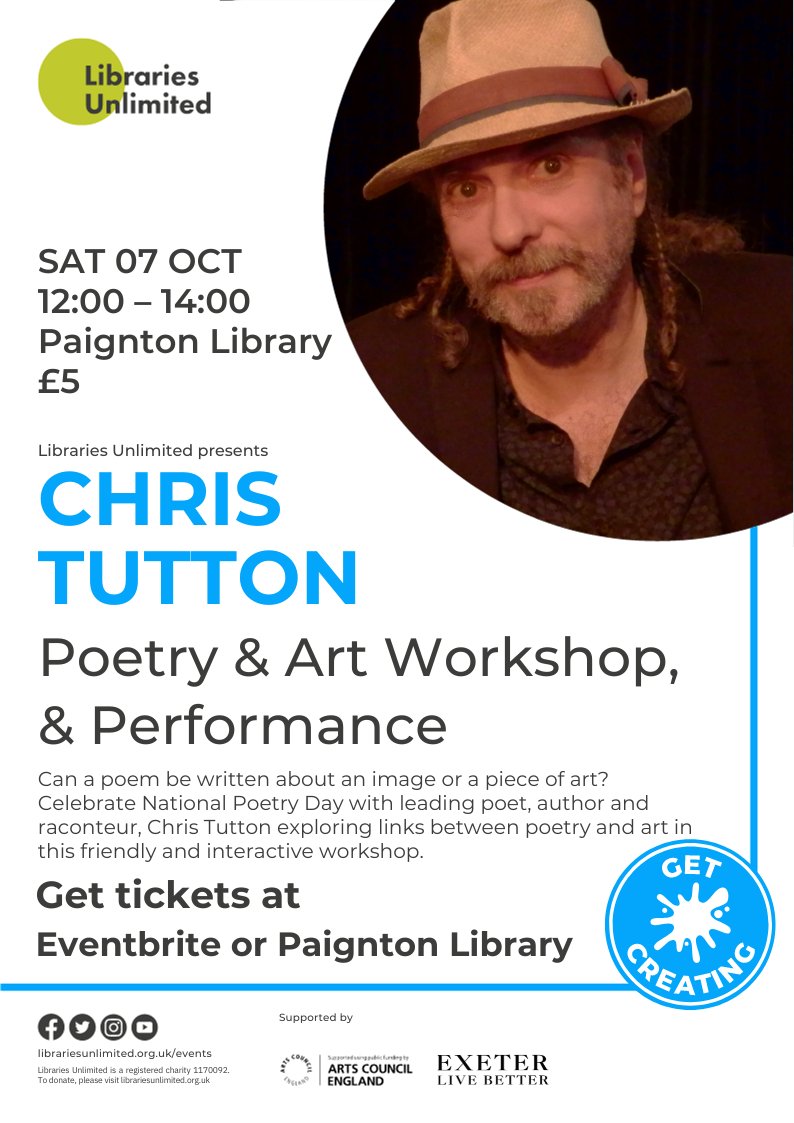 Poet, Chris Tutton will be here on Saturday 7th October, with a poetry and art workshop with performance. Don't miss this opportunity- book your place via Eventbrite: shorturl.at/qwAEX or by calling us on 01803 714460 #poetry @AvalancheBooks1 @PaigntonPH @TorbayCulture