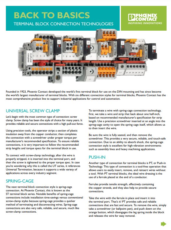 PhoenixContact's tweet photo. Back to the basics, featuring terminal blocks!
 
We take you through the years and evolution of Phoenix Contact-developed terminal blocks and discuss the basics of what to know about each type, from screw clamps to Push-X.

#terminalblocks #connectivity #engineeringsolutions https://t.co/T4vYCoVnBd