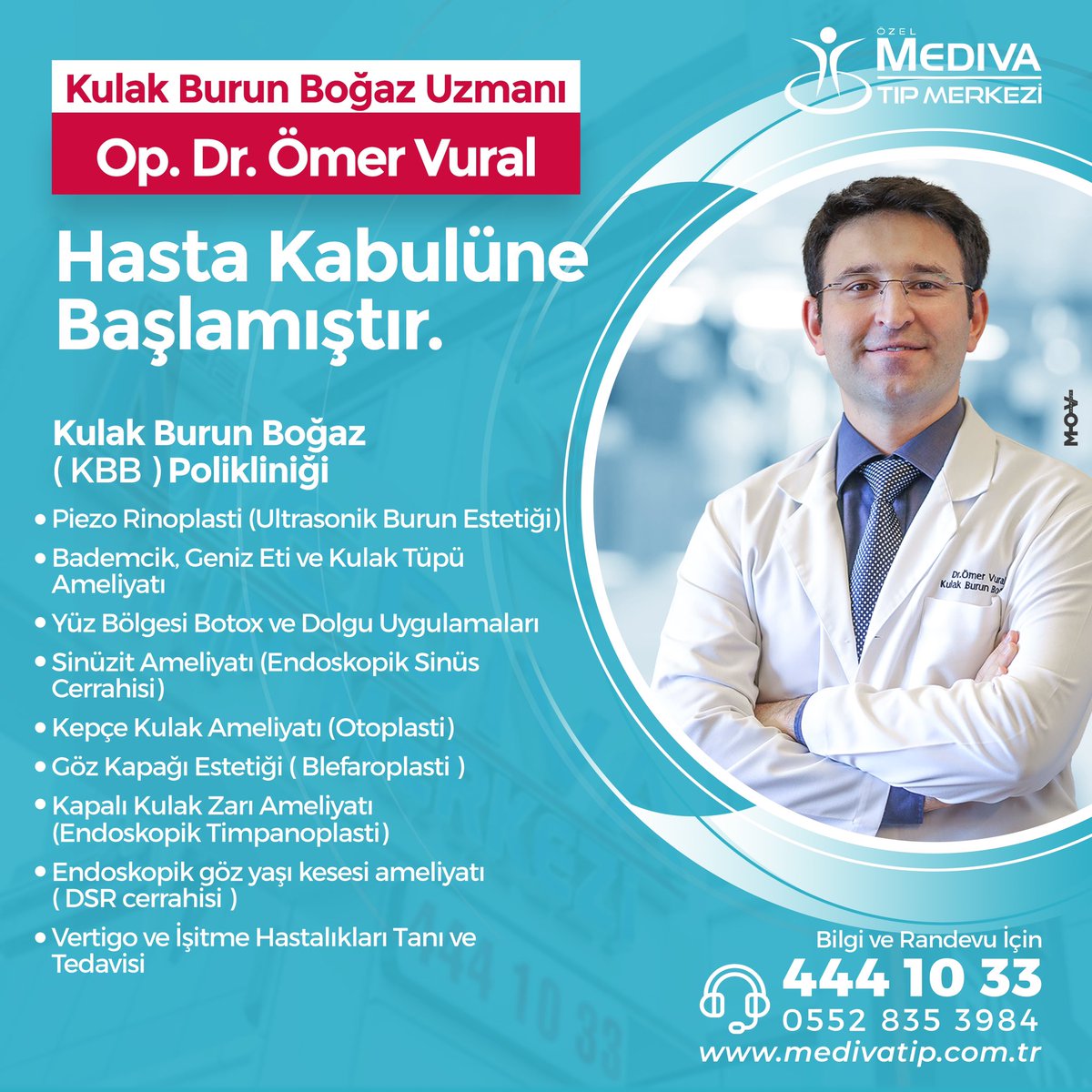 #KulakBurunBoğaz ( #KBB ) Uzmanımız Op. Dr. Ömer Vural, hasta kabulüne başlamıştır.

#MedivaTıpMerkezi #Bingöl #SağlıkveHuzurYılı2023