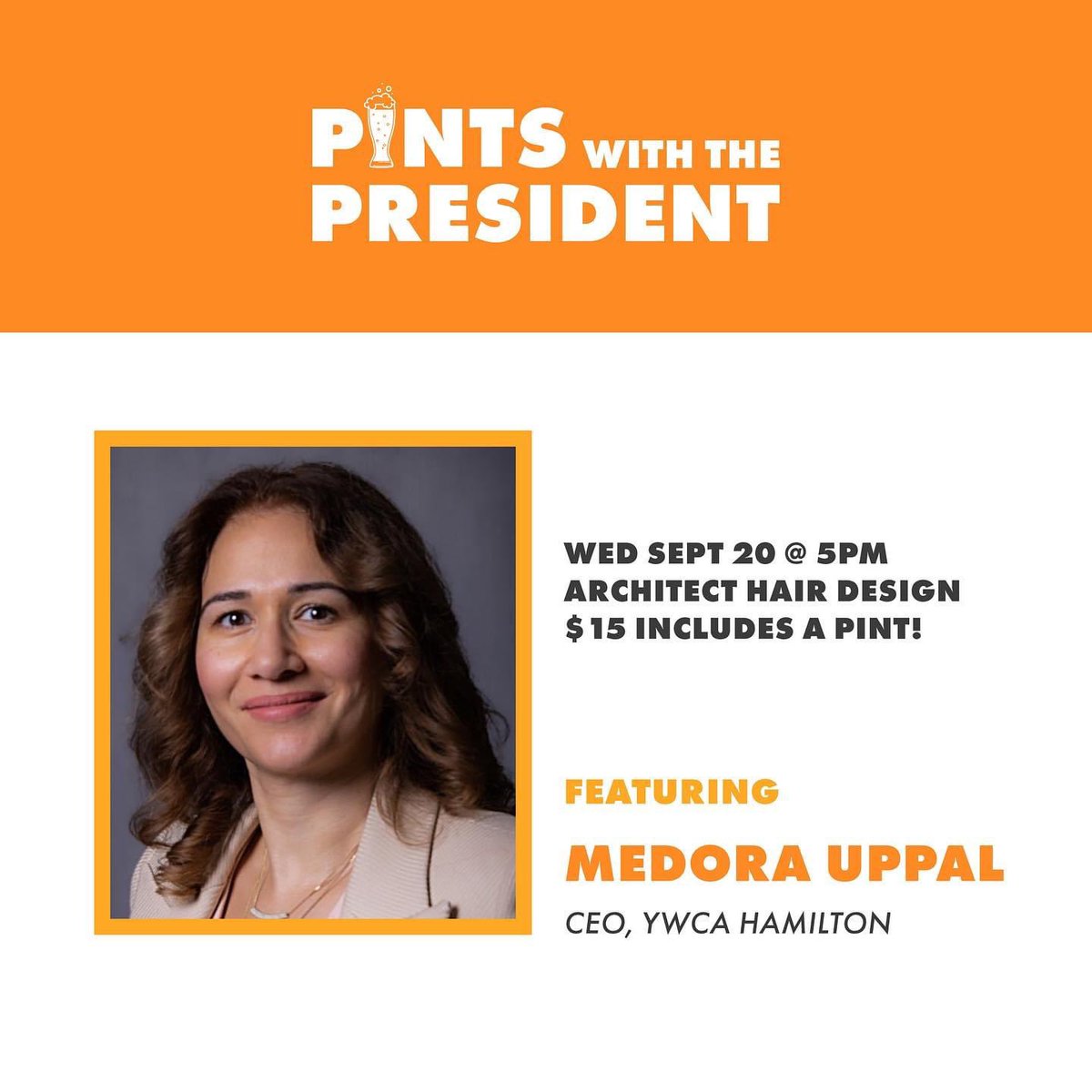 🚨 Tomorrow, 5-6:30pm!!

Join us for tomorrow’s Pints with the President featuring <a href="/medorauppal/">Medora Uppal</a> of the @YWCA_Hamilton!

Register here👇 

hamiltonchamber.ca/events/yep-pre…
