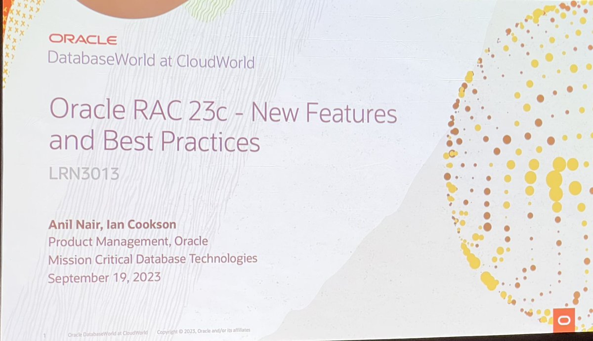 KnownAsMarkus's tweet image. My first #DatabaseWorld session at #CloudWorld is on #Oracle RAC 23c New Features and Best Practices by @RACMasterPM and Ian Cookson in front of full house. Let the show begin!