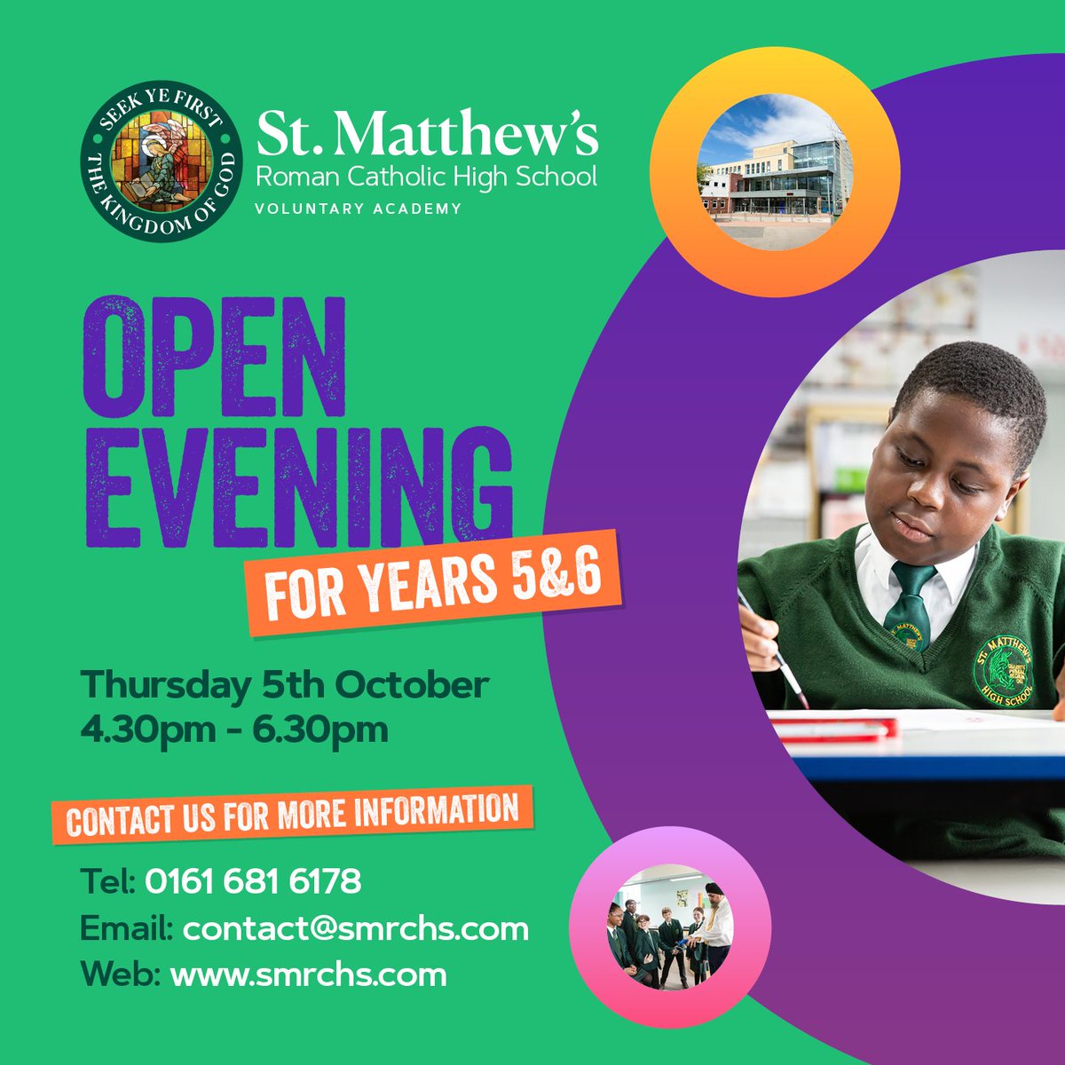 SMRCHS's tweet photo. Applying for a Year 7 High School place for September 2024?

Join us at our Open Evening anytime between 4.30pm and 6.30pm on Thursday 5th October 💚💜 
#openevening #smrchs #highschoolapplications https://t.co/JMGqG4ER0L