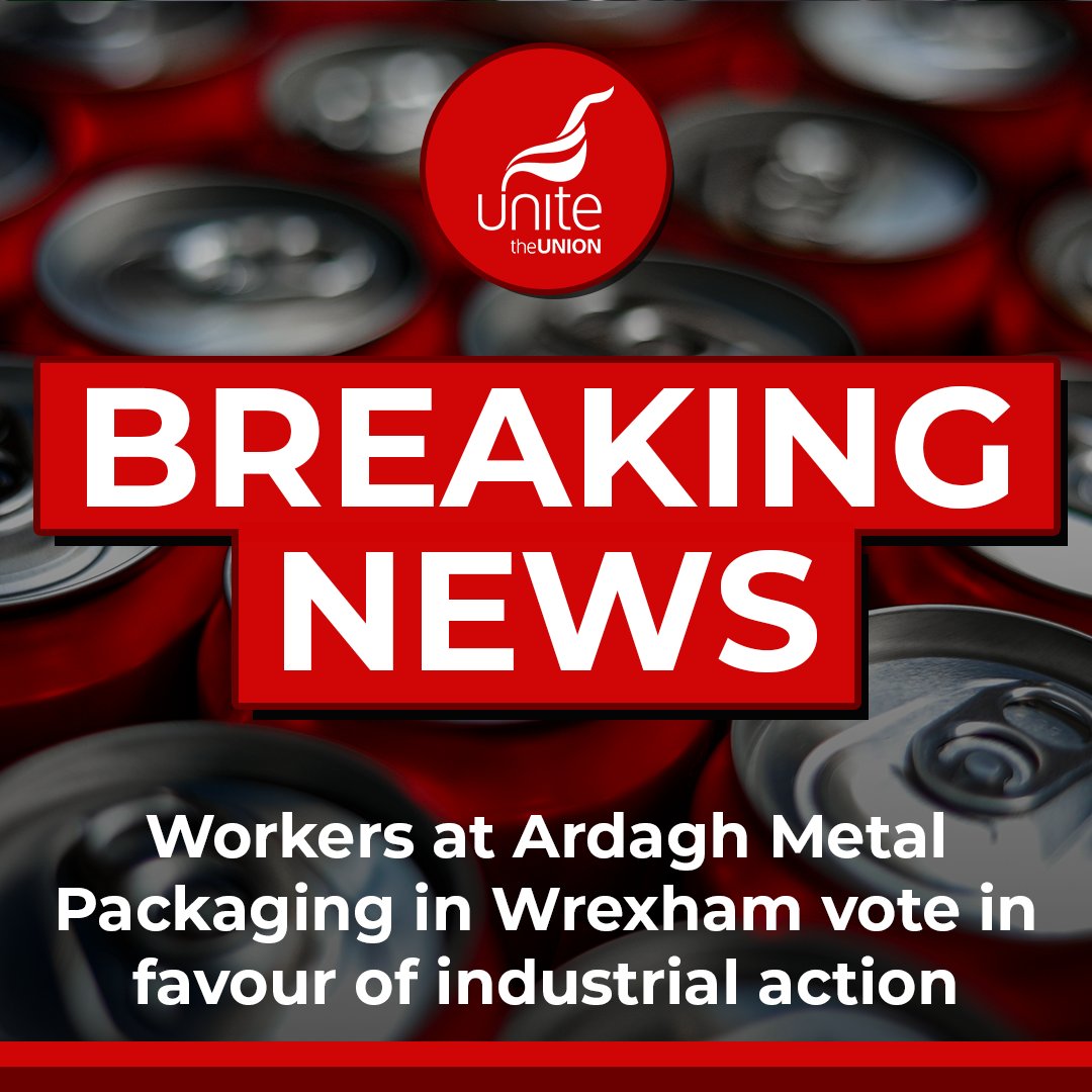 UniteWales (@unitewales) on Twitter photo 🚨 BREAKING NEWS 🚨
Workers at Ardagh Metal Packaging in Wrexham have voted in favour of taking industrial action.
<a href="/ArdaghGroup/">Ardagh Group</a> need to now recognise the strength of feeling amongst our members and come back to negotiations with an improved offer before our dispute escalates. 🚨 BREAKING NEWS 🚨
Workers at Ardagh Metal Packaging in Wrexham have voted in favour of taking industrial action.
<a href="/ArdaghGroup/">Ardagh Group</a> need to now recognise the strength of feeling amongst our members and come back to negotiations with an improved offer before our dispute escalates.