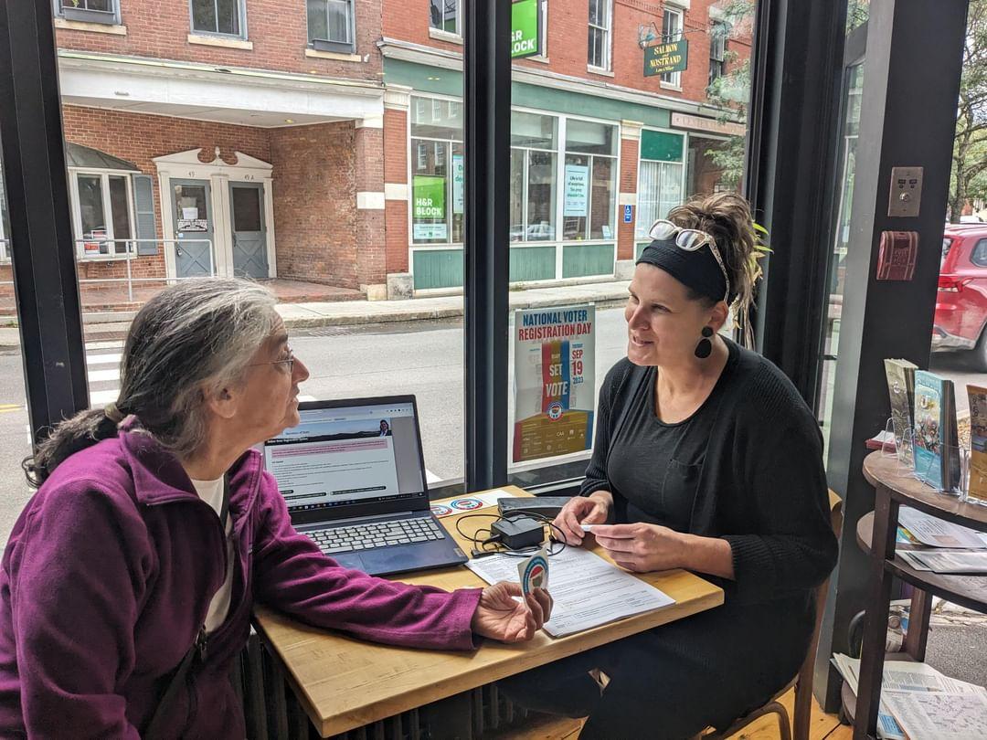 One of our local state reps Leslie Goldman came by to support <a href="/CoopsVote/">Co-ops Vote</a>  this am. 
We have support from the folks at the Rockingham Library to help get you registered until 3p

#workerownedcoop #communityownedcoop #hybridcoop #coffeehouse #democracy  #coopsvote #useyourvoice