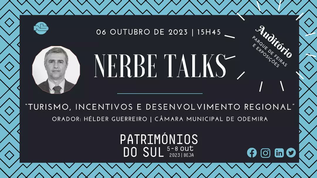 nerbeaebal's tweet photo. Speaker: Helder Guerreiro | Presidente da CM de Odemira
👇🚨👇🚨👇
“NERBE Talks”, dia 06 de Outubro (pelas 15H45M), no auditório da Feira Patrimónios do Sul, iremos ter a “Talk” – “Turismo, Incentivos e Desenvolvimento Regional”
Inscrições em hugogoncalves@nerbe.pt
#NERBE https://t.co/Q0z1NyPpBZ